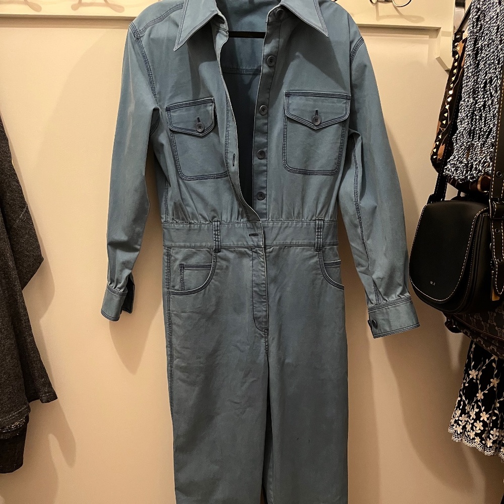 Tibi Blue Washed Cotton Blend Twill Jumpsuit